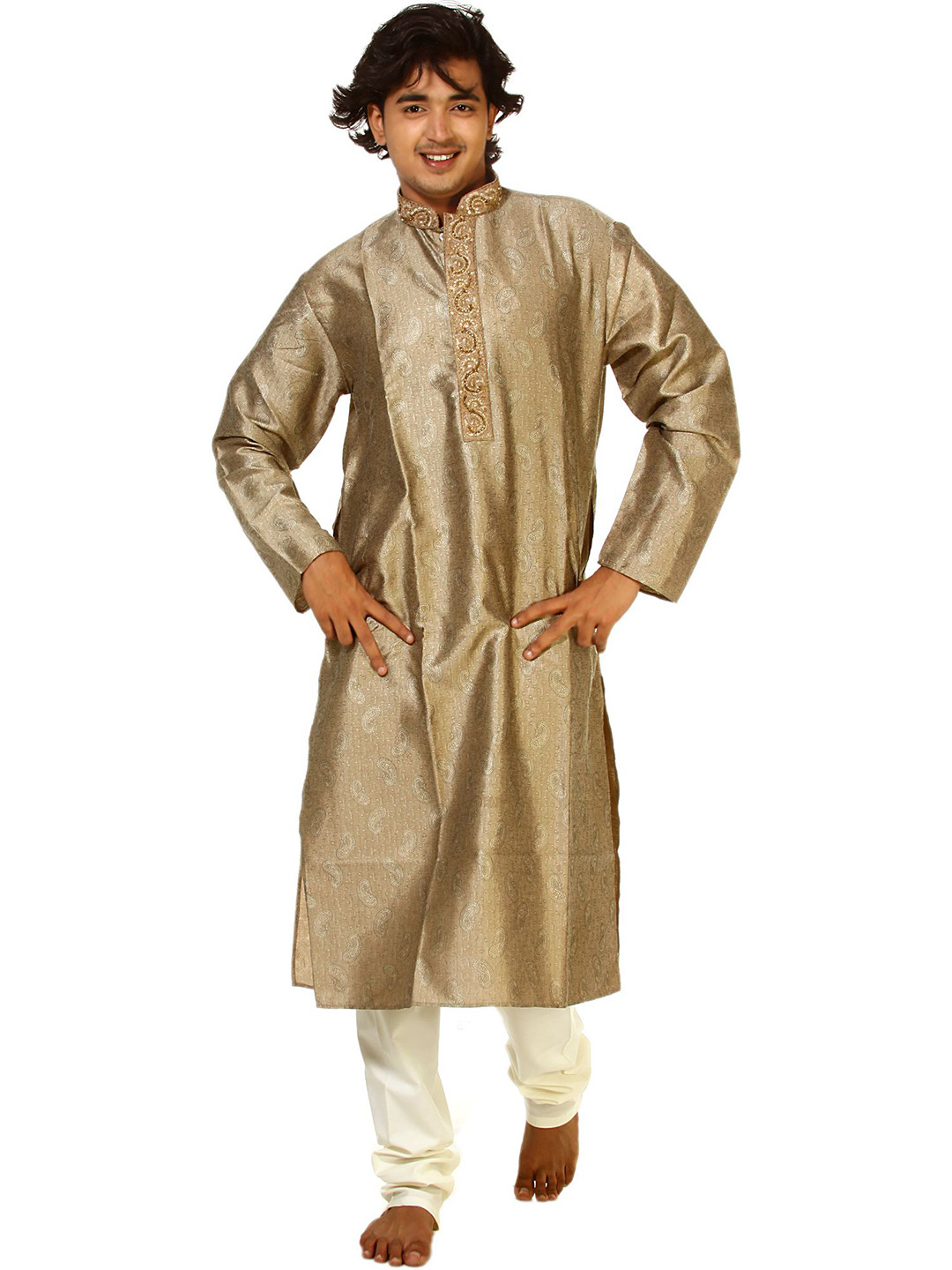 Exotic India Plaza-Taupe Men Paisley Woven Design Kurta & Pyjamas with Embroidery on Neck