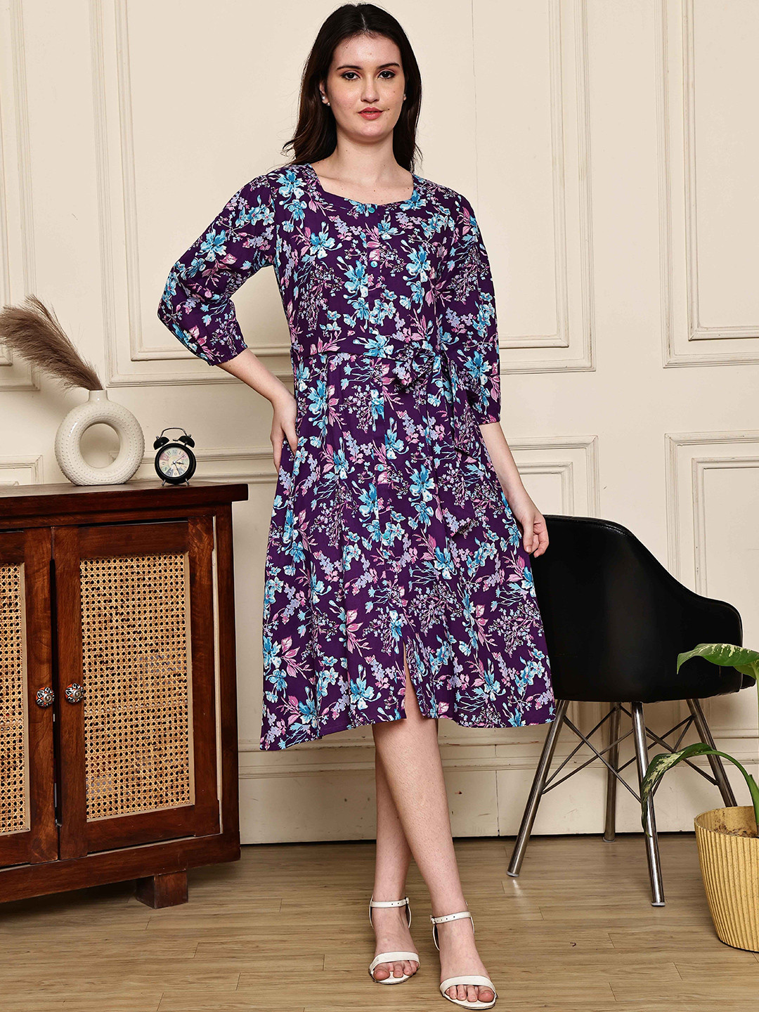 Merira Women Floral Printed Square Neck A-Line Dress