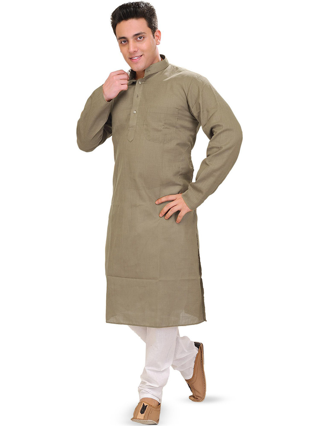 Exotic India Men Tawny-Brown Plain Linen Kurta with White Churidar