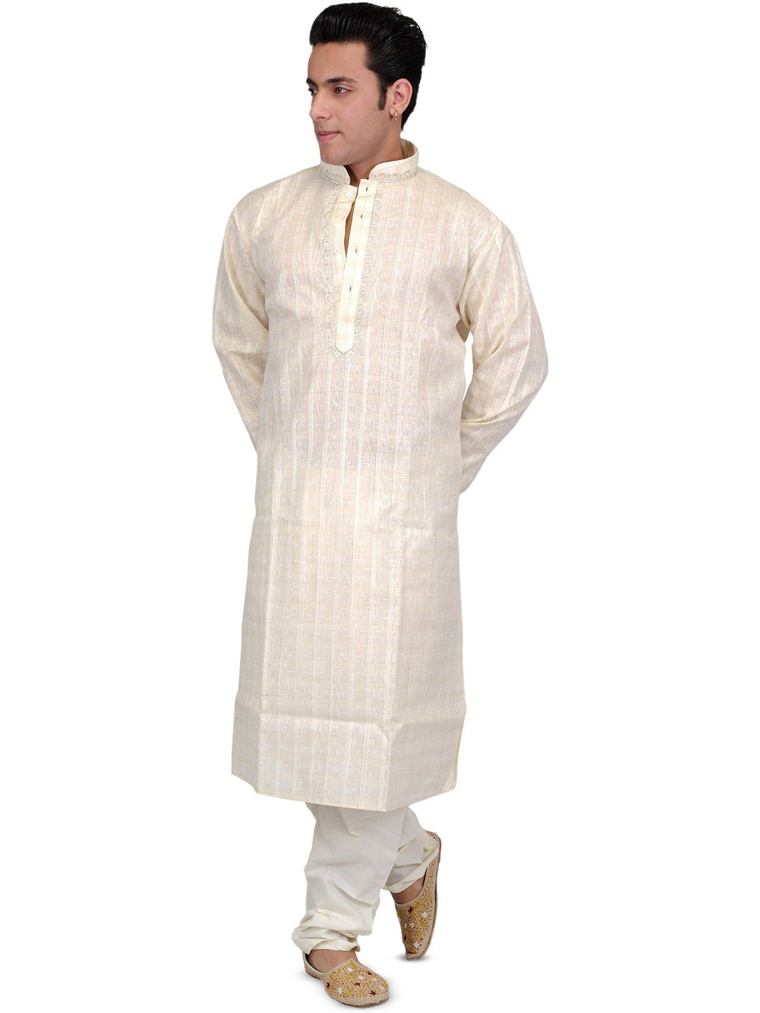 Exotic India Men Cotton Kurta Pajama with Wide Woven Stripes and Embroidery on Neck