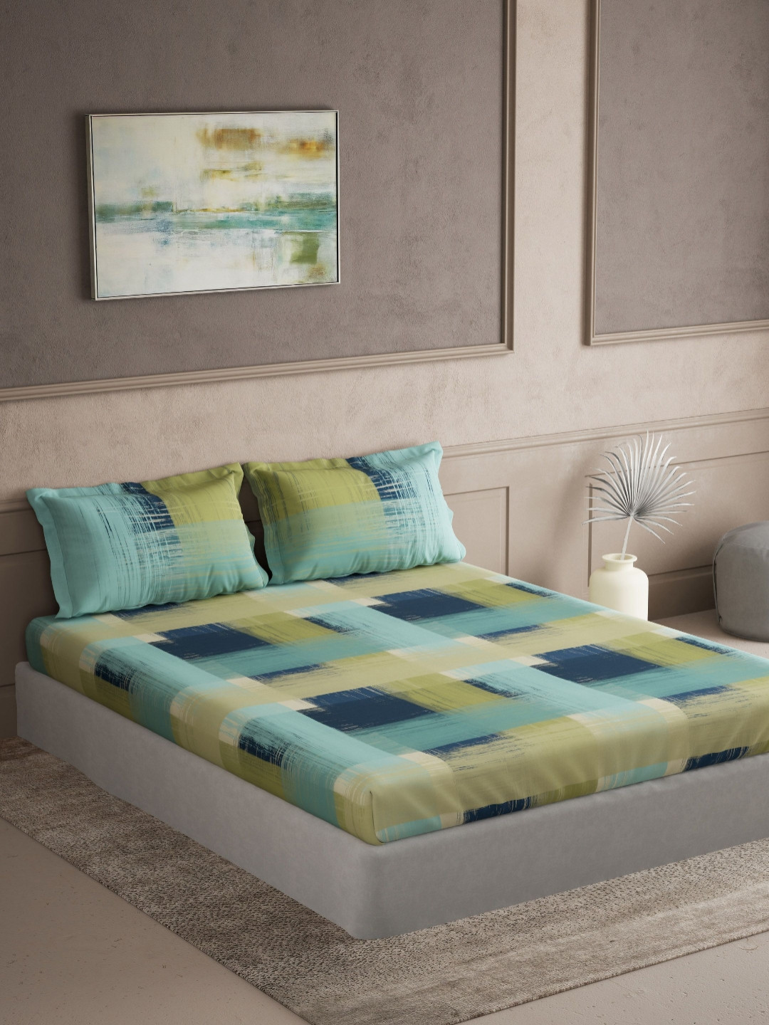 DDecor Primary Collection Checked 144 TC King Cotton Bedsheet with 2 Pillow Covers