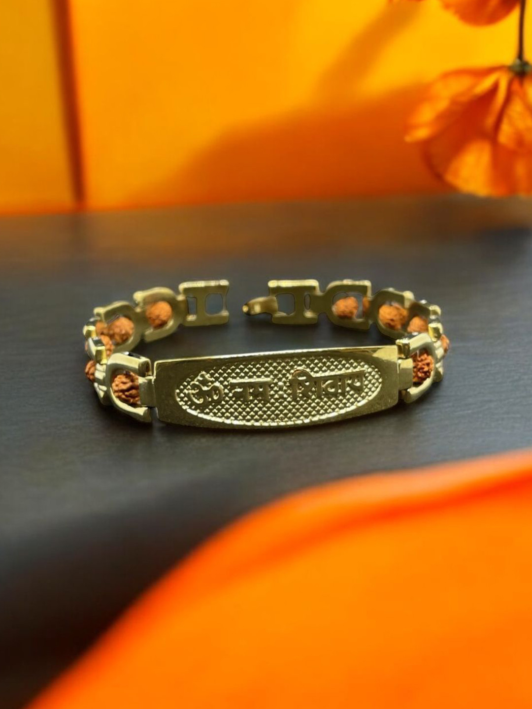 AAGAM Men Gold-Plated Om Namay Shivay Rudrash Beaded Wraparound Bracelet