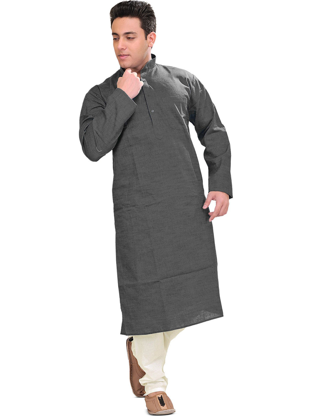 Exotic India Men Charcoal Color Plain Cotton Kurta with White Pajama Set