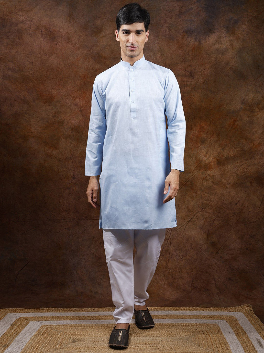 Exotic India Men Blue Elixir Pure Cotton Plain Casual Kurta with  White Pajama