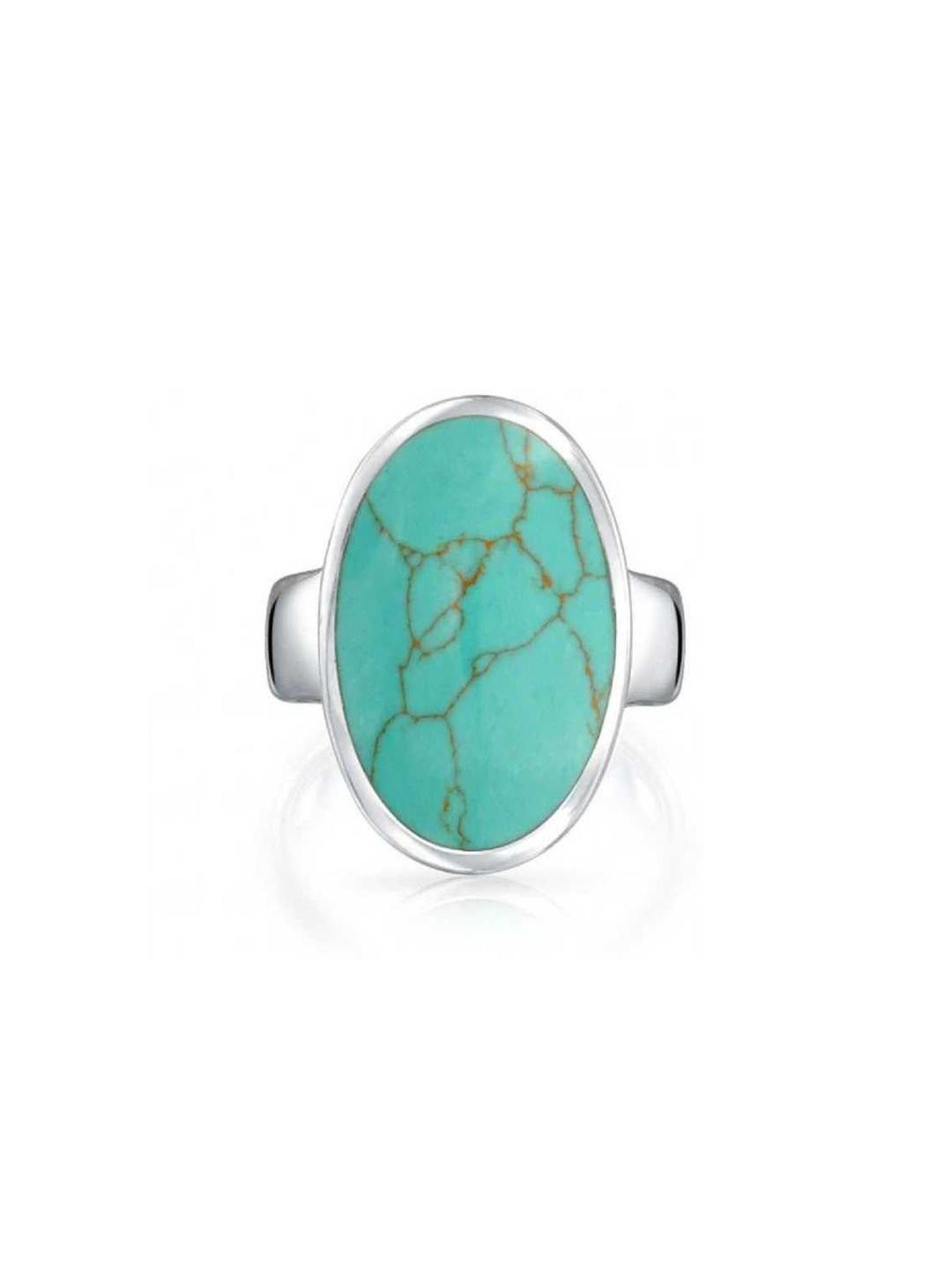 GenZcomplex Silver-Plated Turquoise Studded Oval Finger Ring