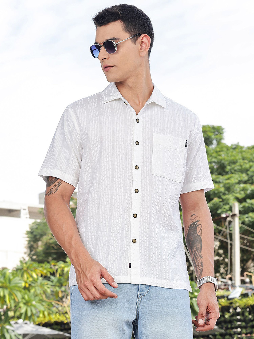 Thomas Scott Men's Premium Seersucker Cotton Casual Slim Fit Shirt