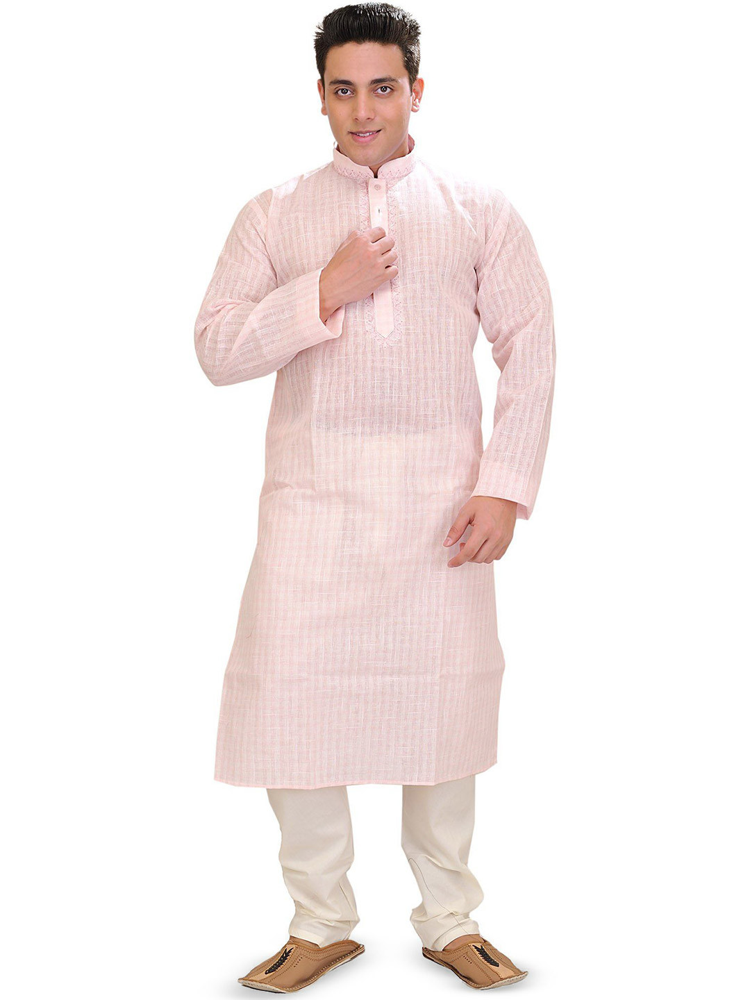 Exotic India Men Pure Cotton Kurta Pajama Set with Woven Checks and Embroidery on Neck
