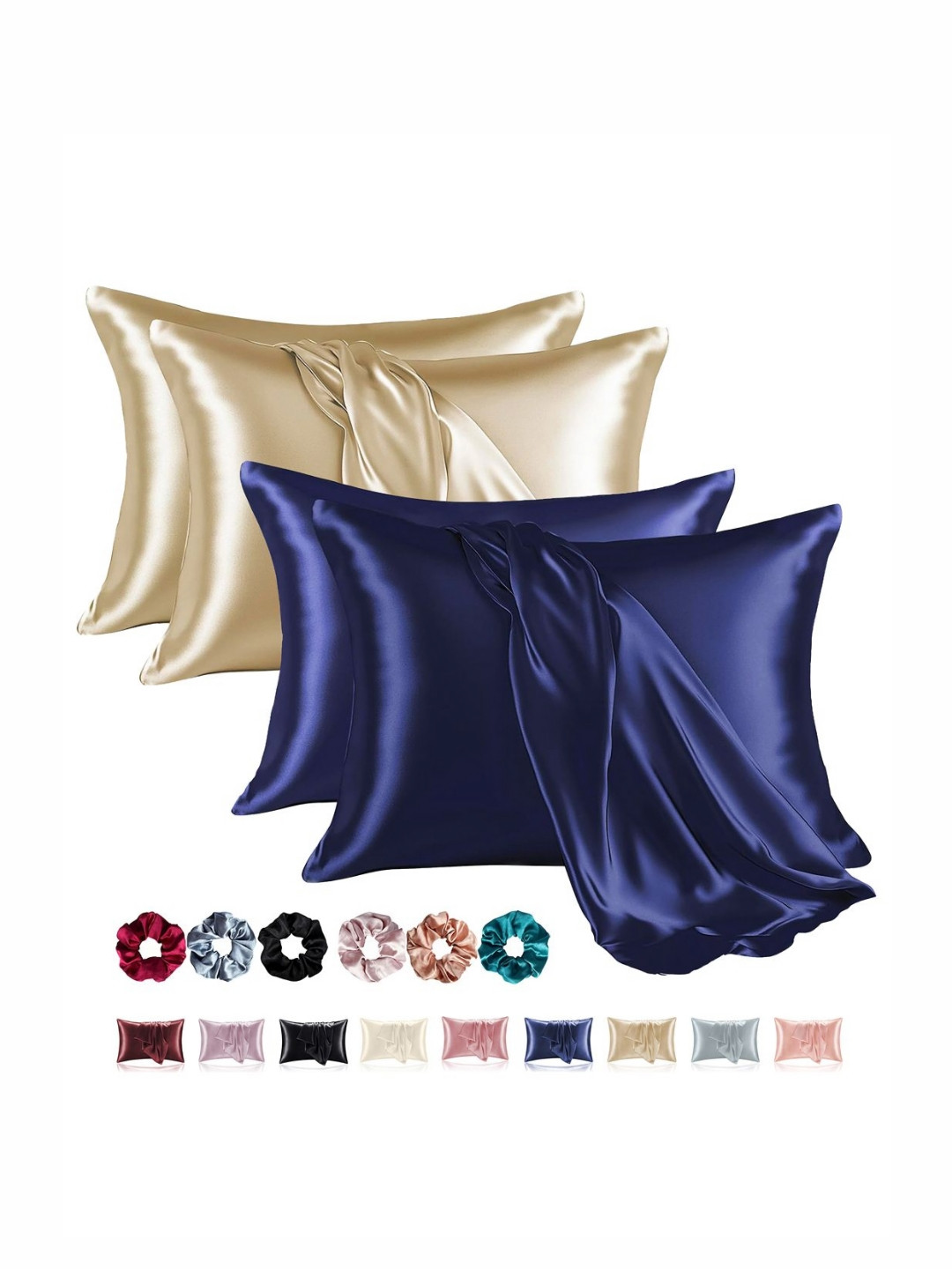 RUBOXA Set Of 4 Navy Blue & Champagn Satin Rectangle Pillow Covers