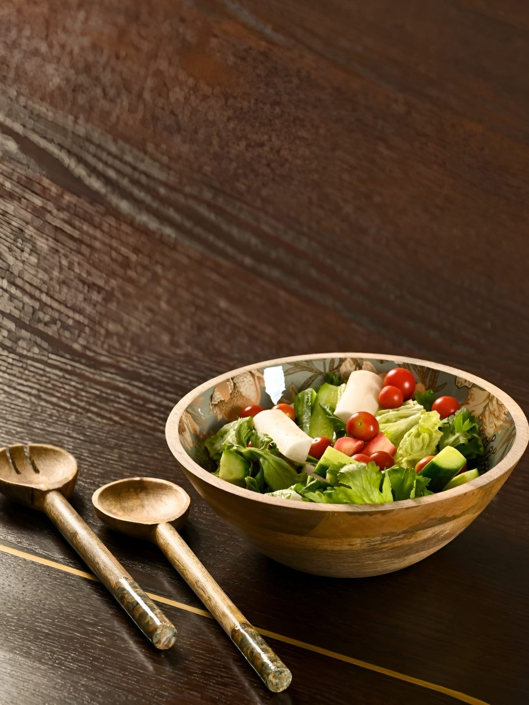 SITARRA LIVING Brown & Teal 3 Pieces Wooden Serving Bowls