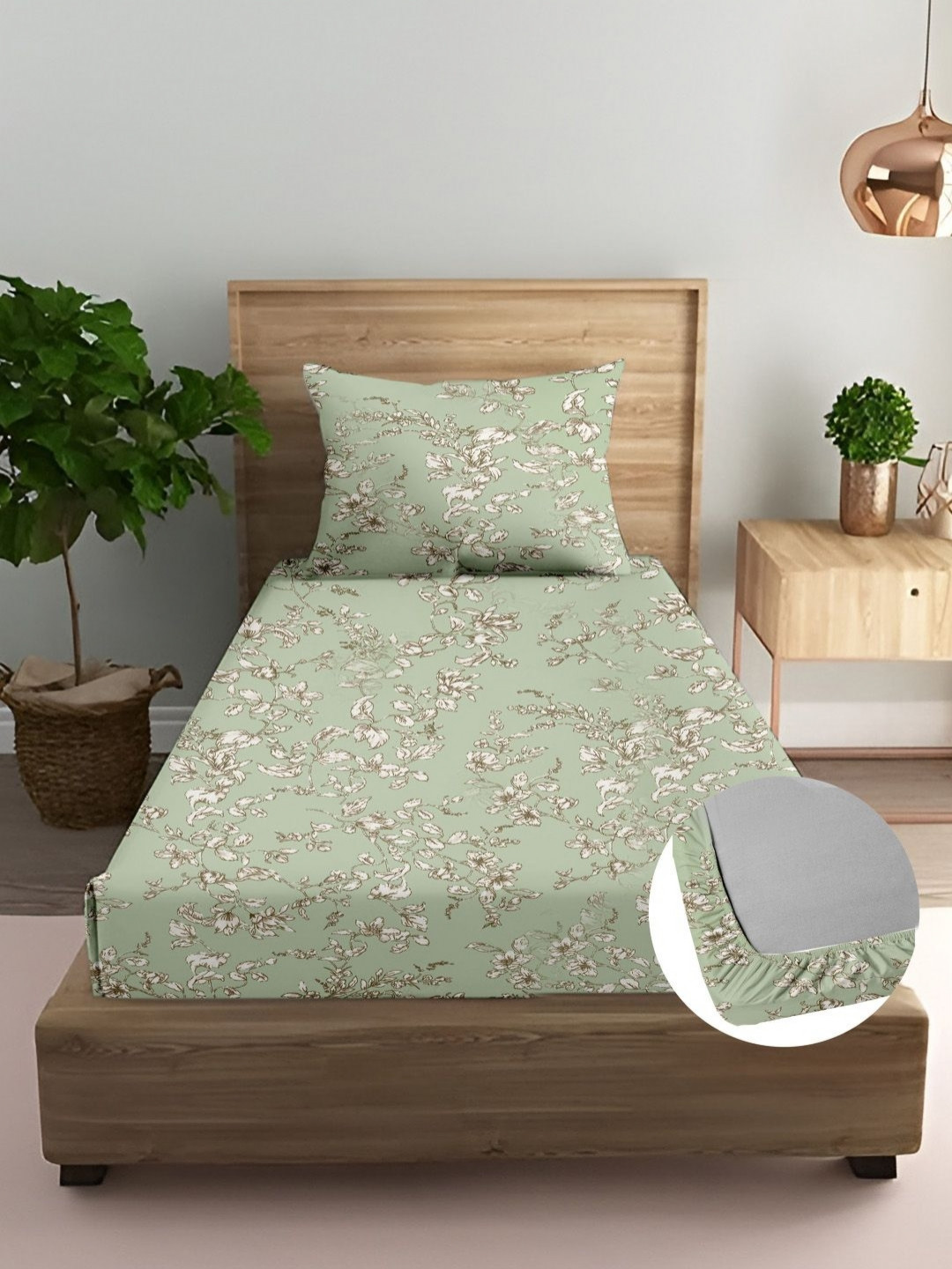 Trance Home Linen Green & White Printed Cotton 210 TC Single Bedsheet Sets - 98 cm x 1.98m