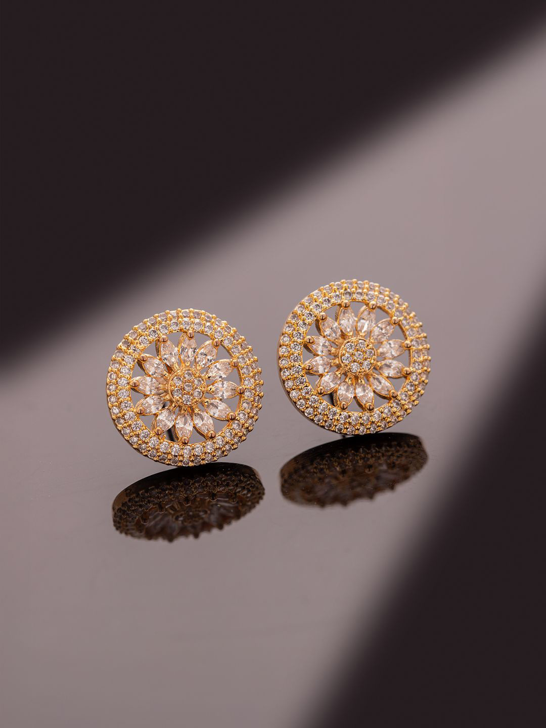 Voylla Sparkling Elegance Marigold American Diamond Floral Studs Earrings