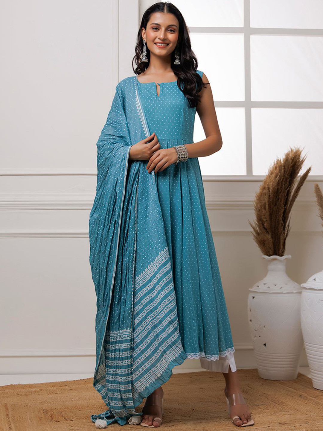 Anni Designer Geometric Printed Pleated Keyhold Anarkali Kurta With Trousers & Dupatta