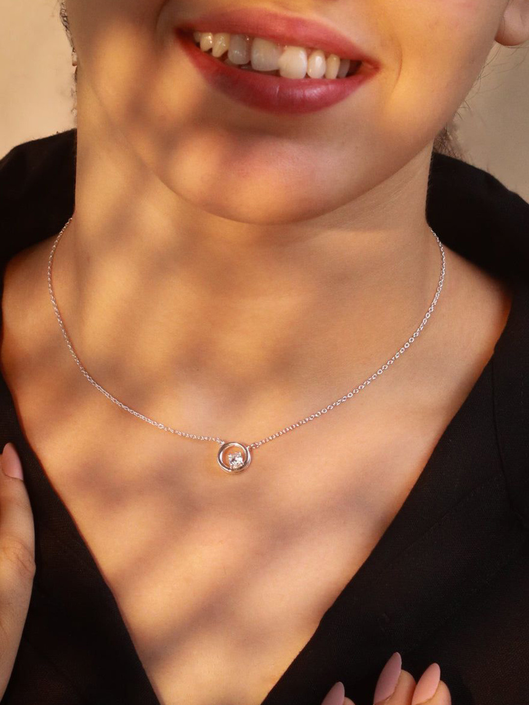 House of Aadyaa Silver Cubic Zirconia Studded Circle Pendant Chain