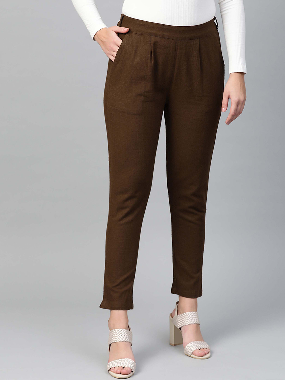 YASH GALLERY Women Regular Fit Mid-Rise Flat-Front Regular Trousers