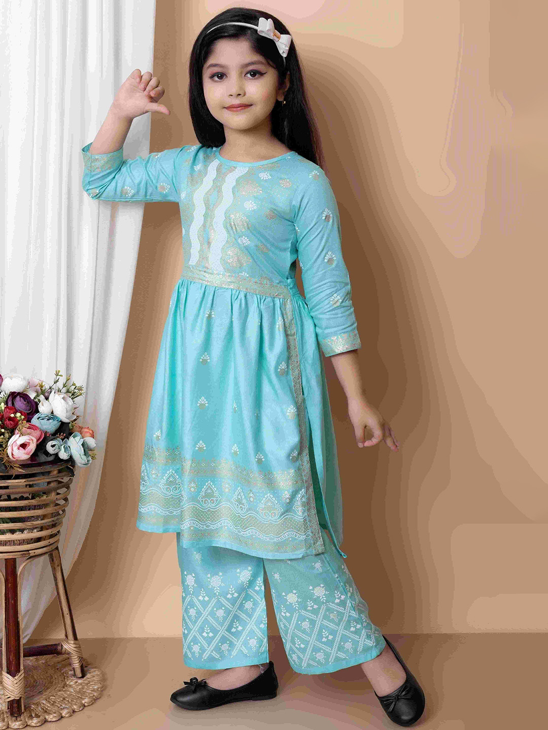 BARKAT DESIGNING PLANET Girls Ethnic Motifs Woven Design Pleated A Line Kurta With Palazzo