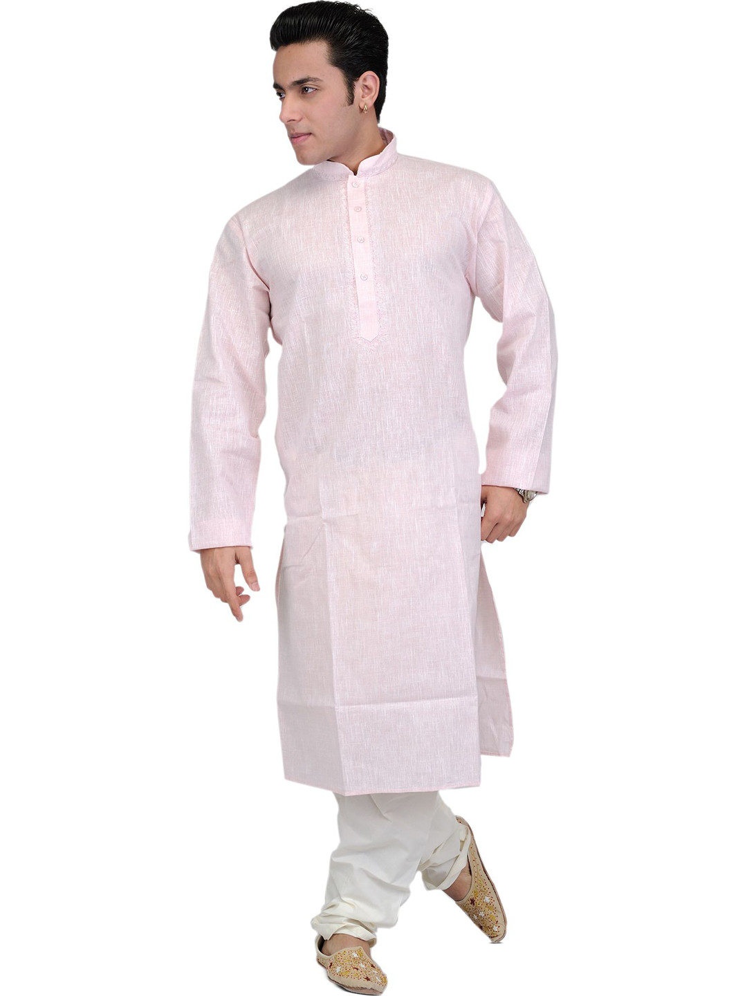 Exotic India Primrose-Pink Pure Cotton Kurta Pajama with Thread Embroidery on Neck