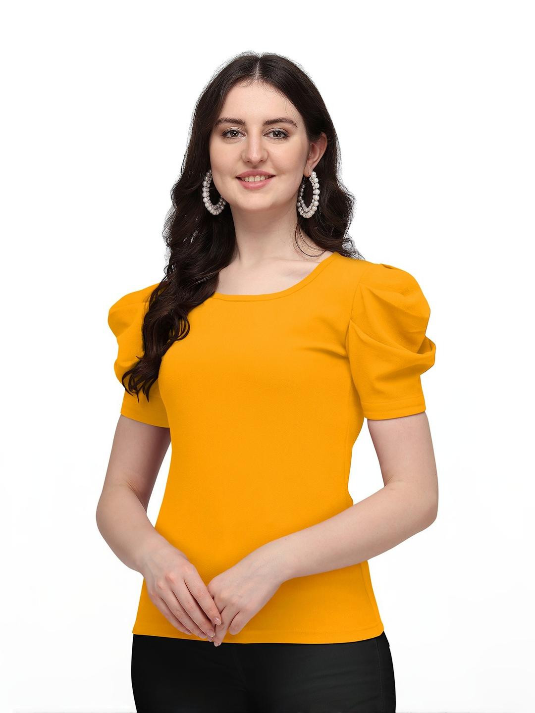 GADHESARIYA Women Yellow Puff Sleeve Round Neck Regular Type Top