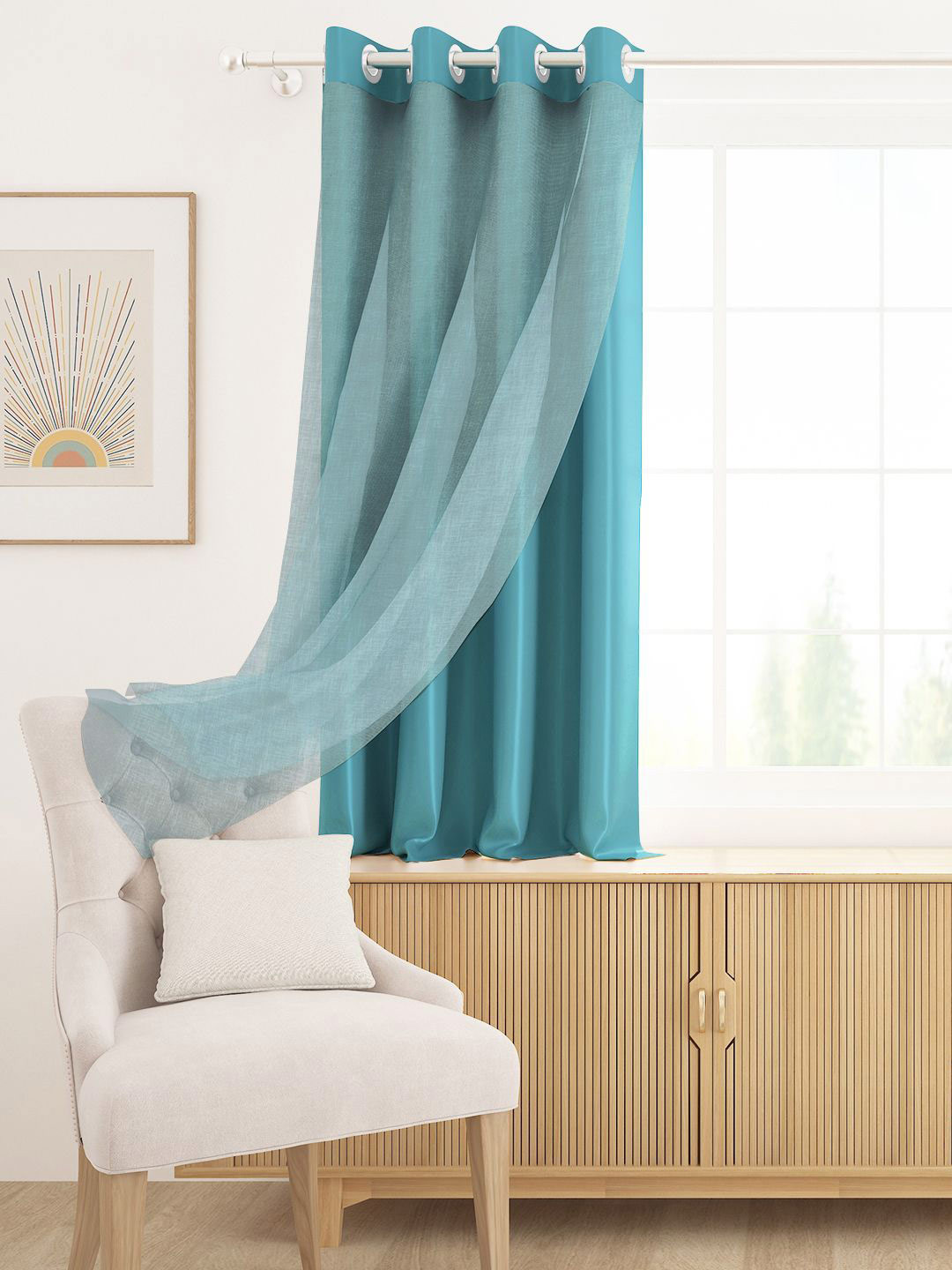 Story@home Aqua Blue Blackout & Sheer Window Curtain 5 Feet