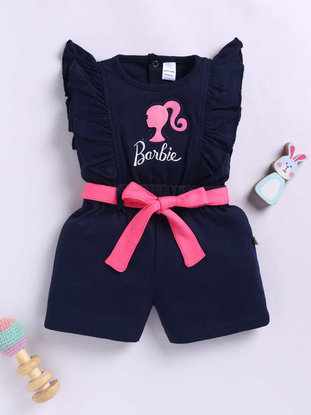 Moms Love Infant Girls Barbie Printed Pure Cotton Ruffled Basic Jumpsuit