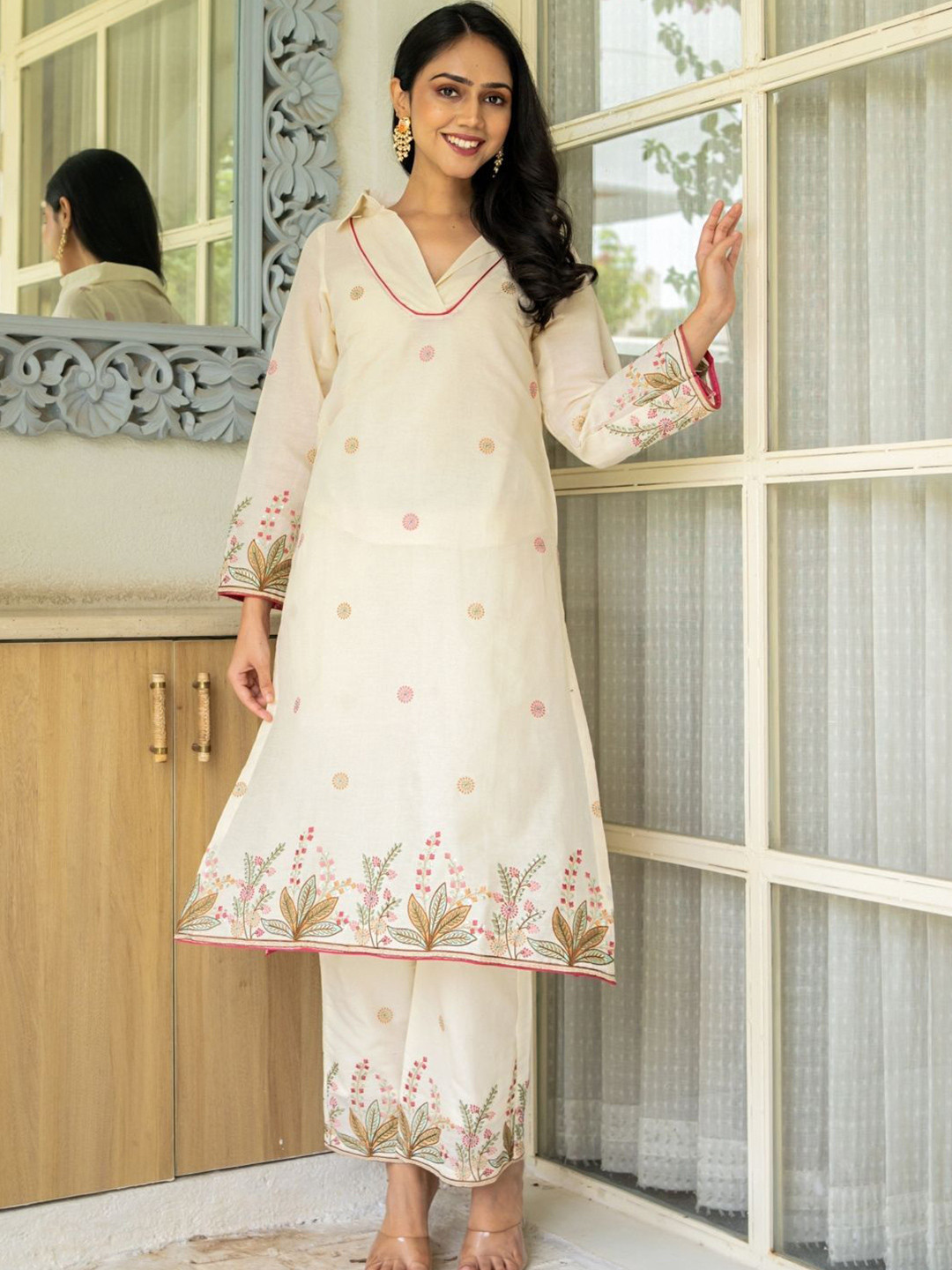 HOUSE OF JAMOTI Embroidered Pure Cotton Shirt Collar Kurta With Trousers Co-Ords Set