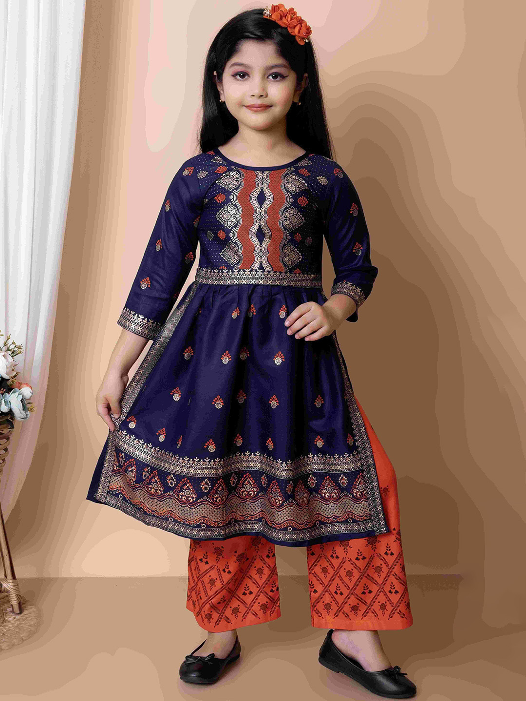 BARKAT DESIGNING PLANET Girls Ethnic Motifs Woven Design Pleated A Line Kurta With Trouser