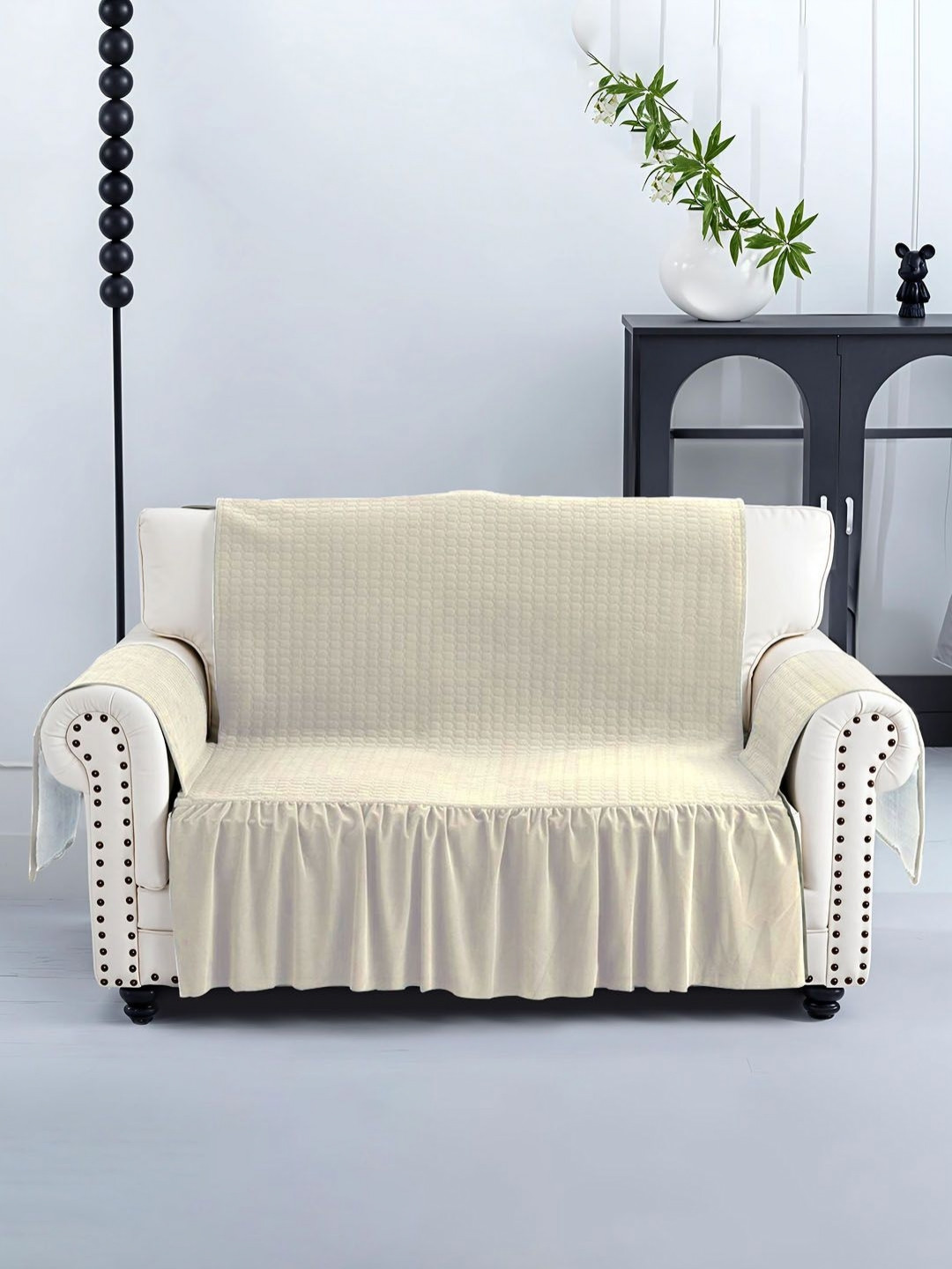 RUBOXA Cream-Coloured Self Design Velvet 2 Seater Sofa Cover With Pocket Arms