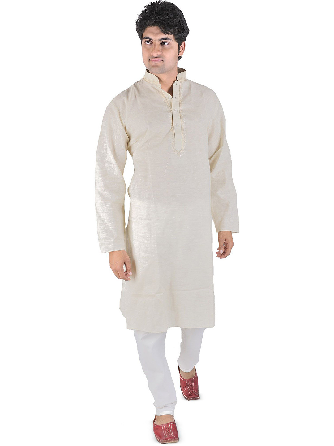 Exotic India Chino-Green Kurta Pajama with Embroidery on Neck and Thread Weave