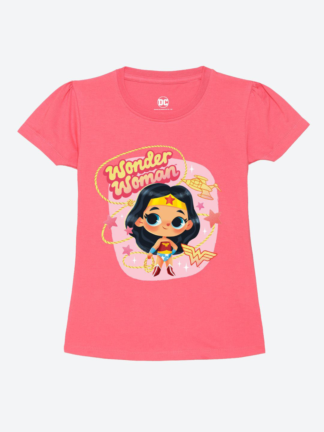 YK Warner Bros Girls Wonder Woman Printed Puff Sleeves Pure Cotton T-shirt