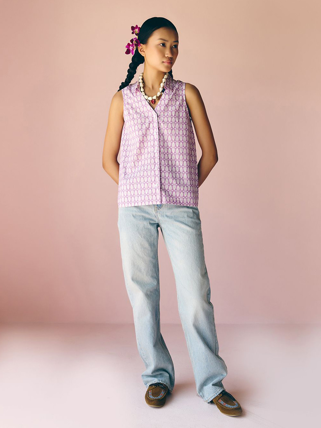 Prakriti Jaipur Women India Slim Fit Geometric Printed Spread Collar Cotton Casual Shirt