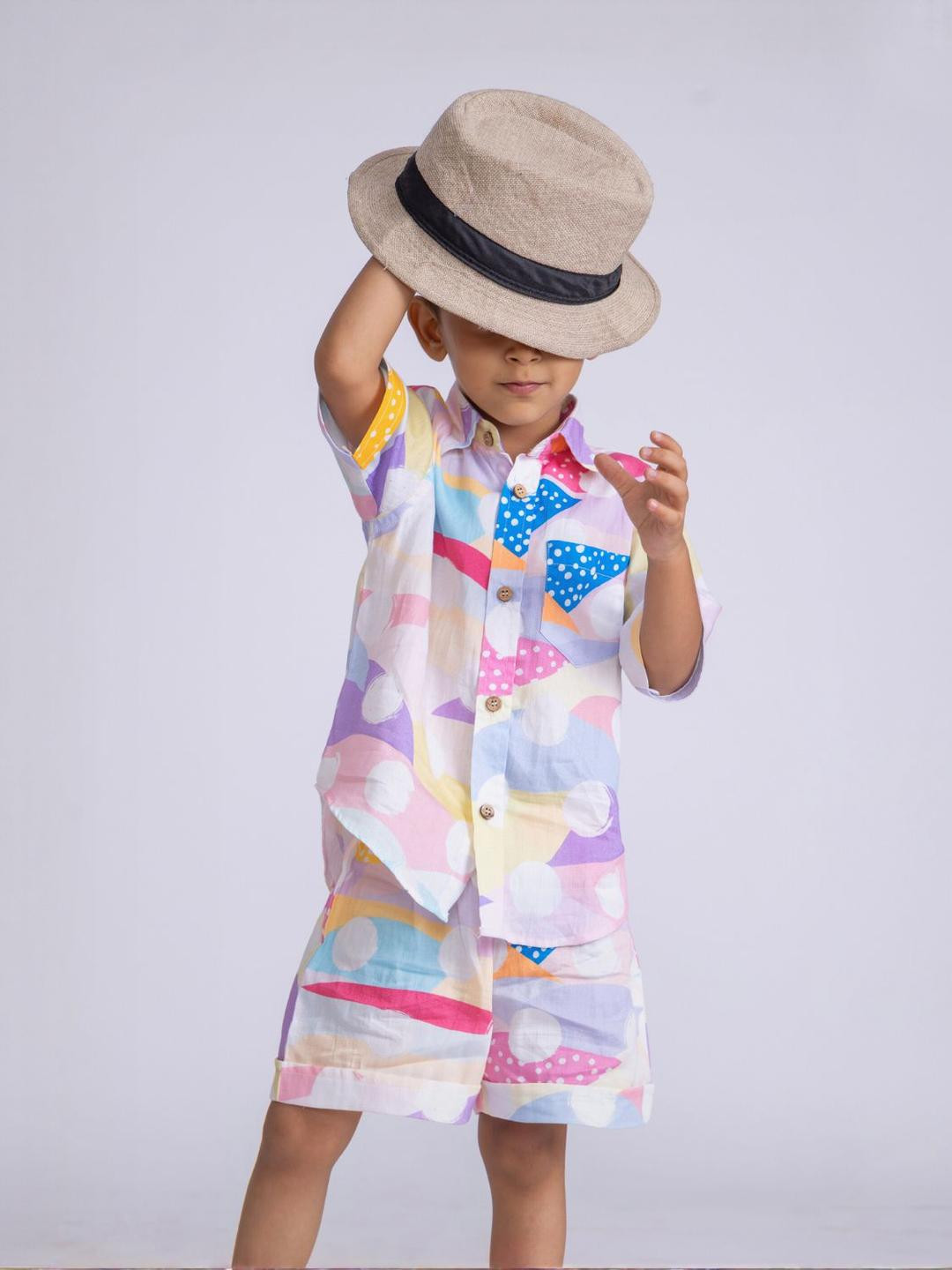 Boys Cotton Shirt & Shorts Set| Pastel Polka