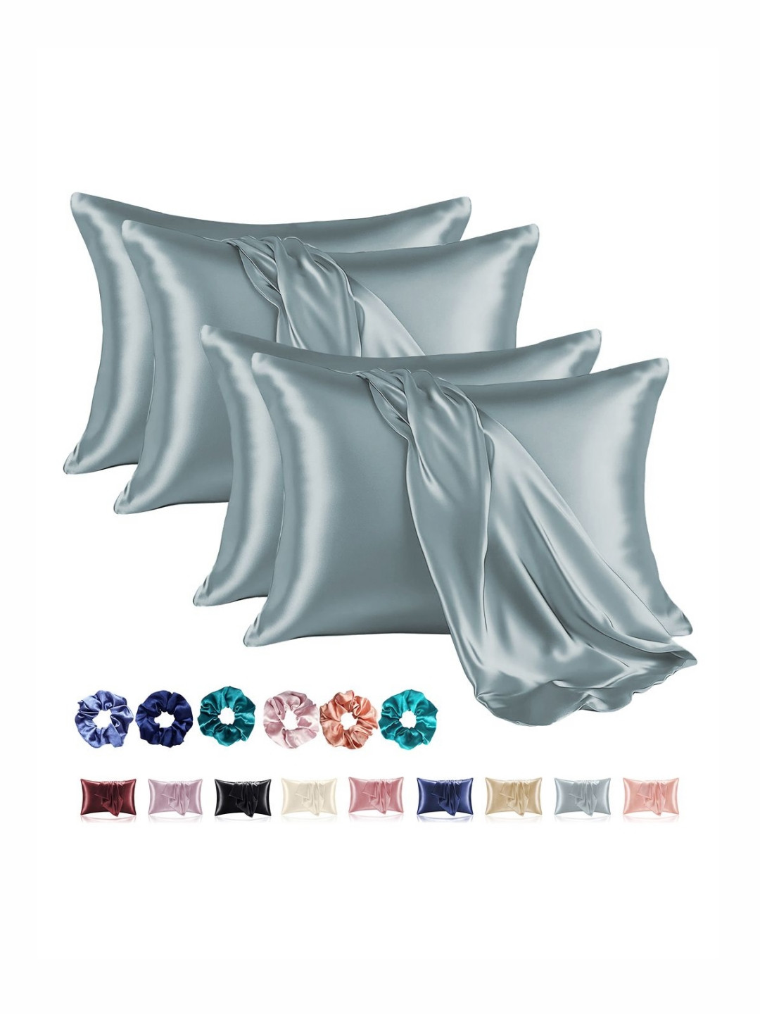 RUBOXA Grey 4 Pieces Solid Satin Rectangle Pillow Covers