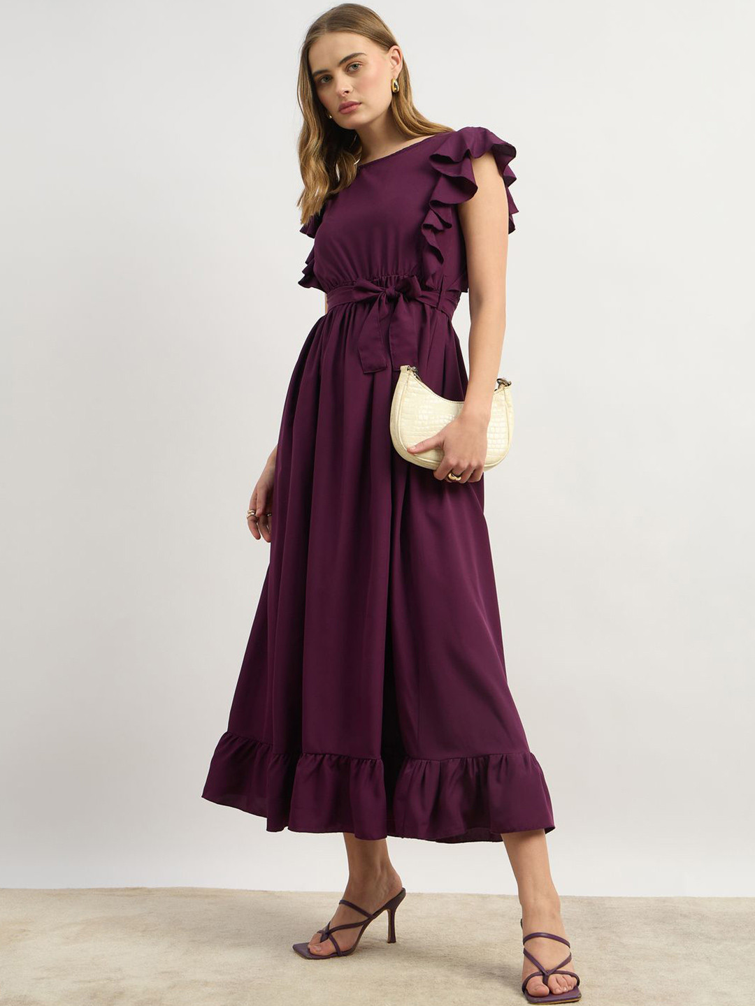 Styli Boat Neck Flutter Sleeve Ruffles Wrap Midi Dress