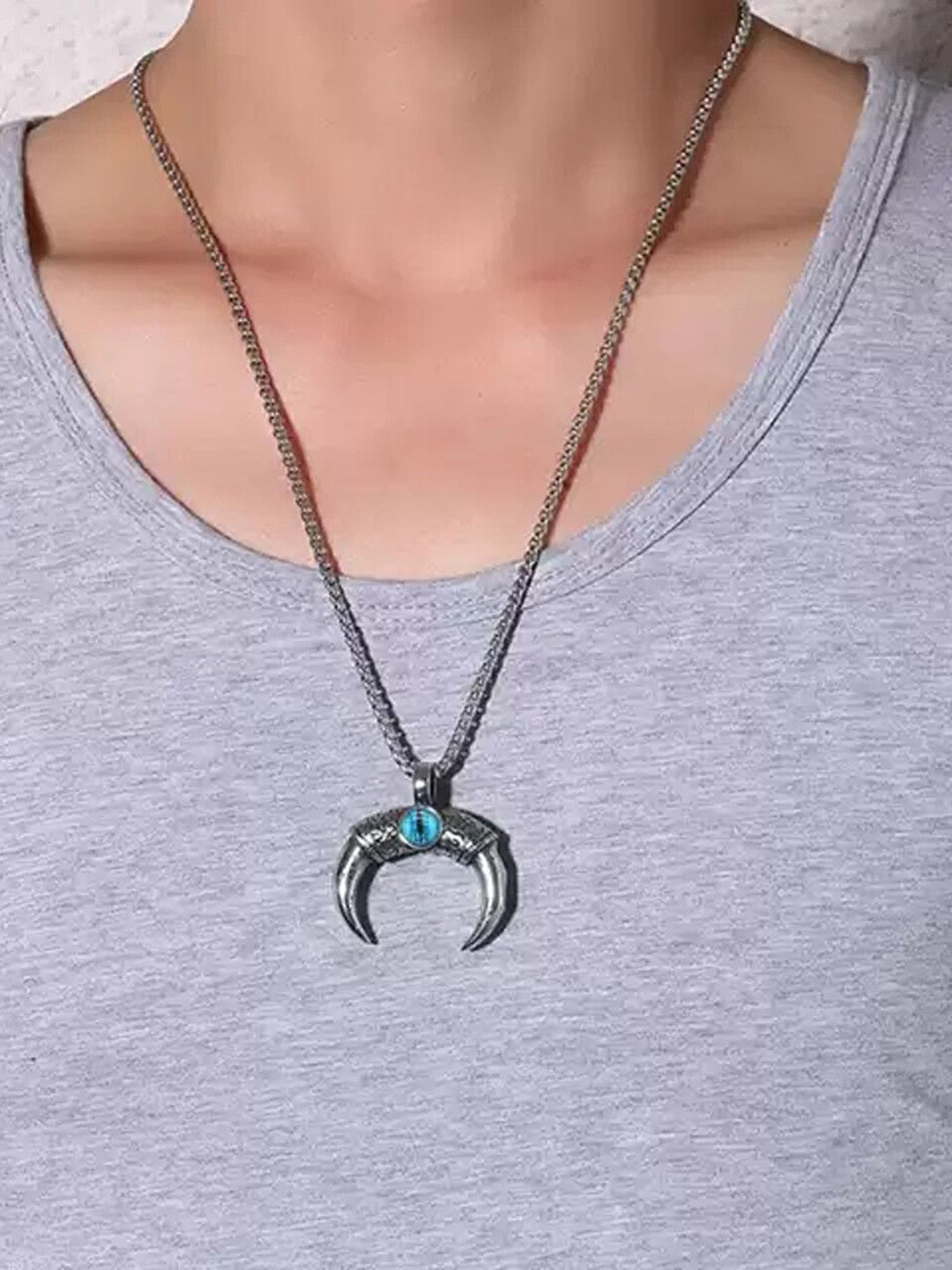 Heer Collection  Stainless Steel Artificial Stones Studded Ox Horn Pendant With Chain