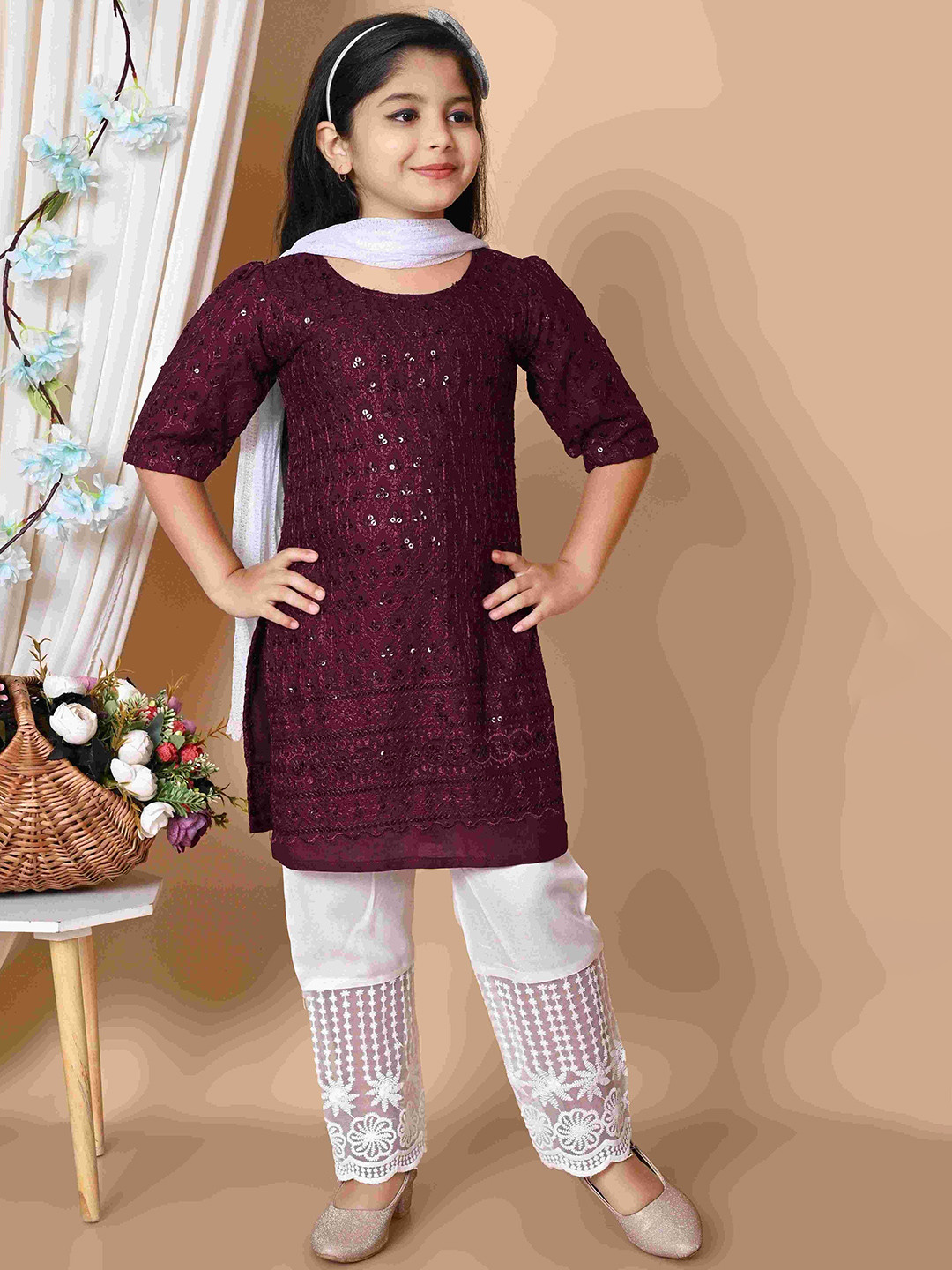 BARKAT DESIGNING PLANET Girls Ethnic Motifs Embroidered Sequined Chikankari Kurta Set