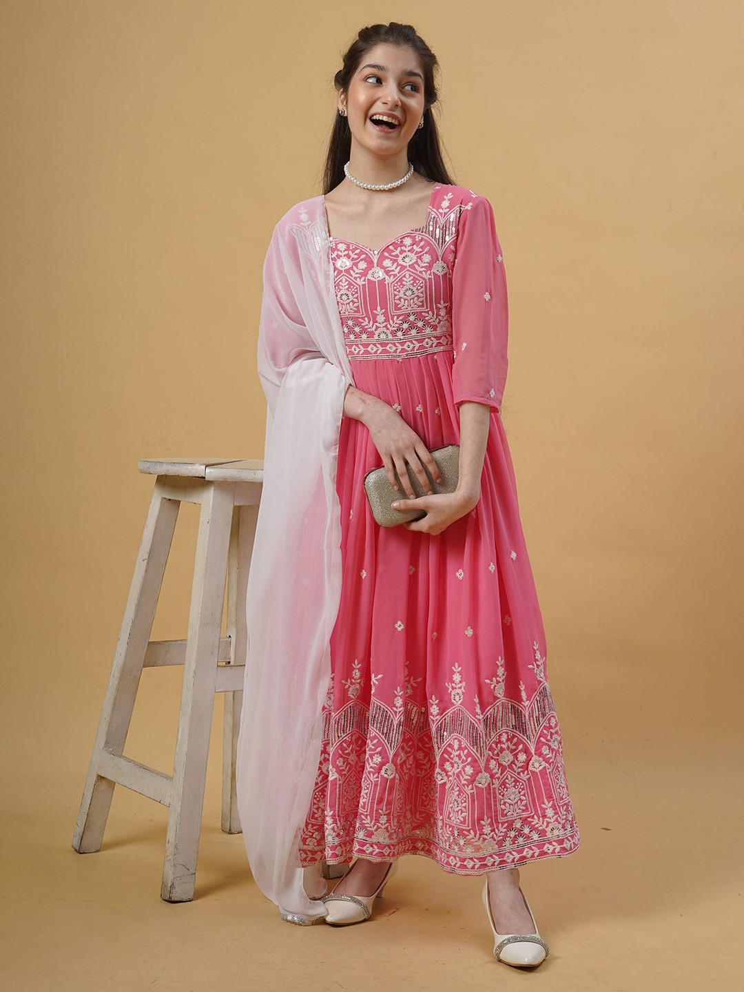 dearthank Girls Embroidered Fit and Flare Maxi Ethnic Dress Comes with a Dupatta
