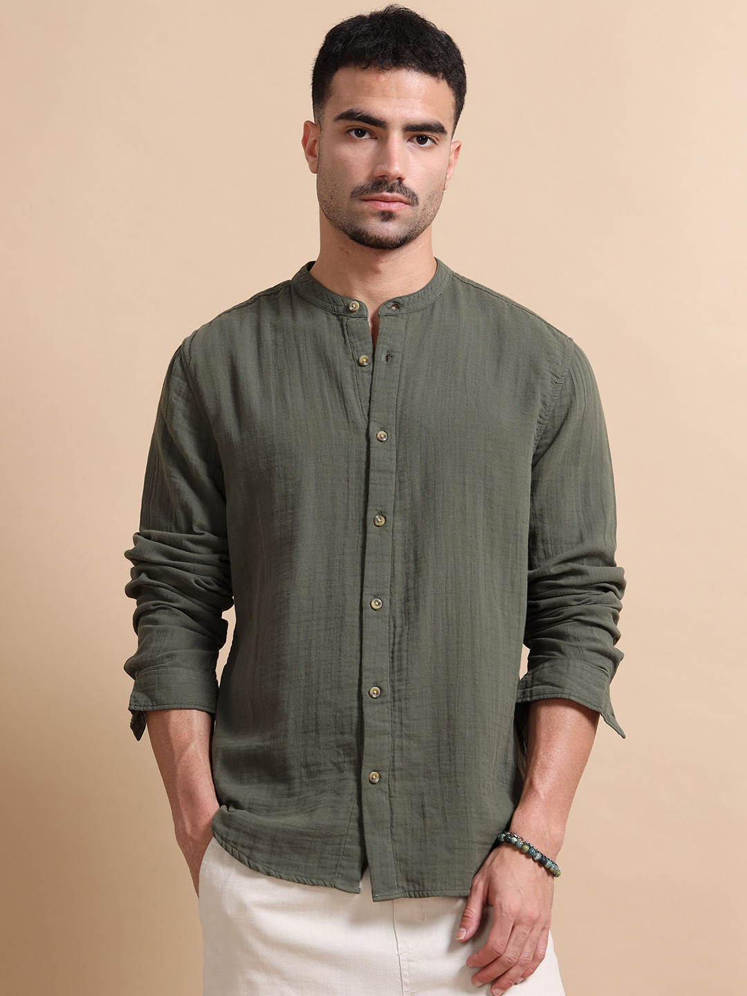 StitchX Men Long Sleeve Mandarin Collar Shirt