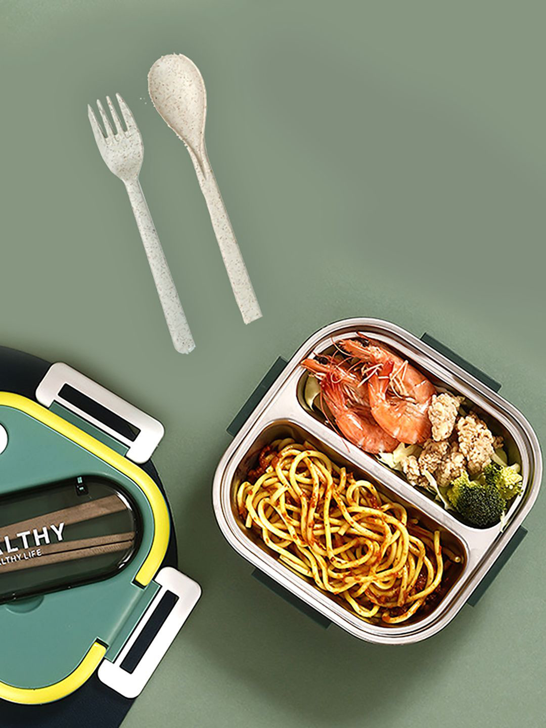 Little Surprise Box LLP Kids Green & Yellow Rounded Square Stainless Steel Lunch Box