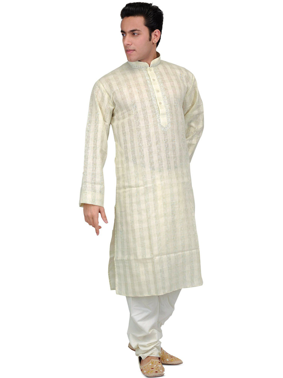 Exotic India Garden-Glade Cotton Kurta Set with Wide Woven Stripes and Embroidery on Neck