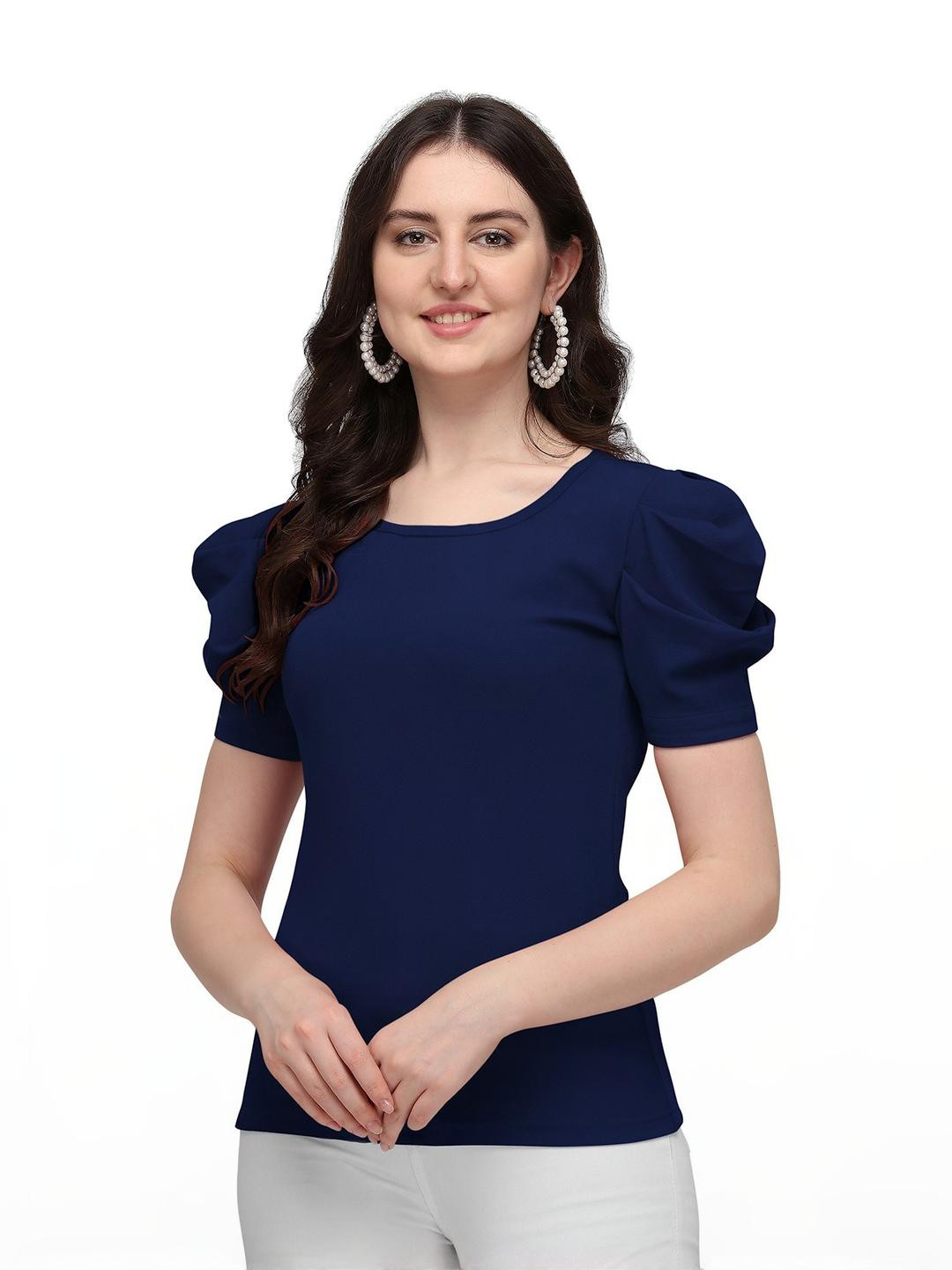 GADHESARIYA Blue Kniting Fabric Puff Sleeve Top