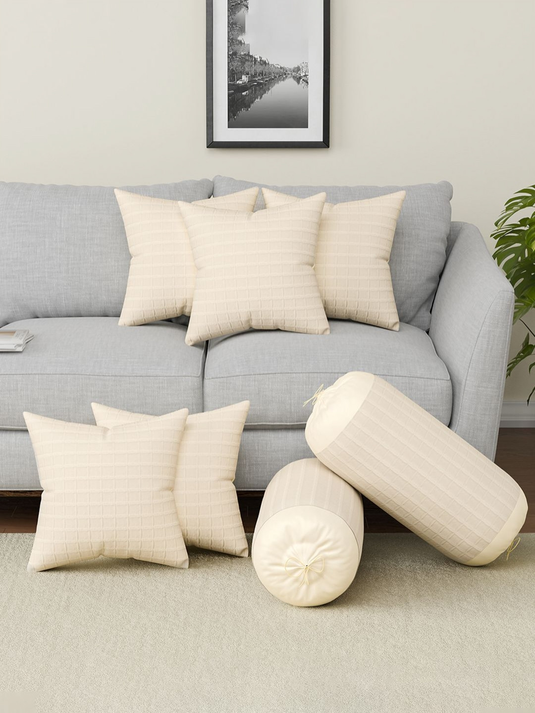 RUBOXA Cream-Coloured 7 Pieces Microfiber Checked Cushion & Bolster Covers