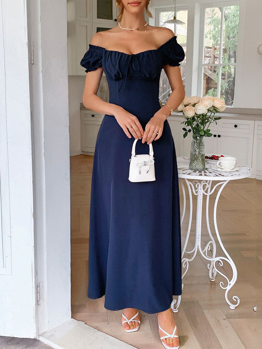 Outzidr Women Solid Off-Shoulder Straight Fit and Flare Maxi Dress