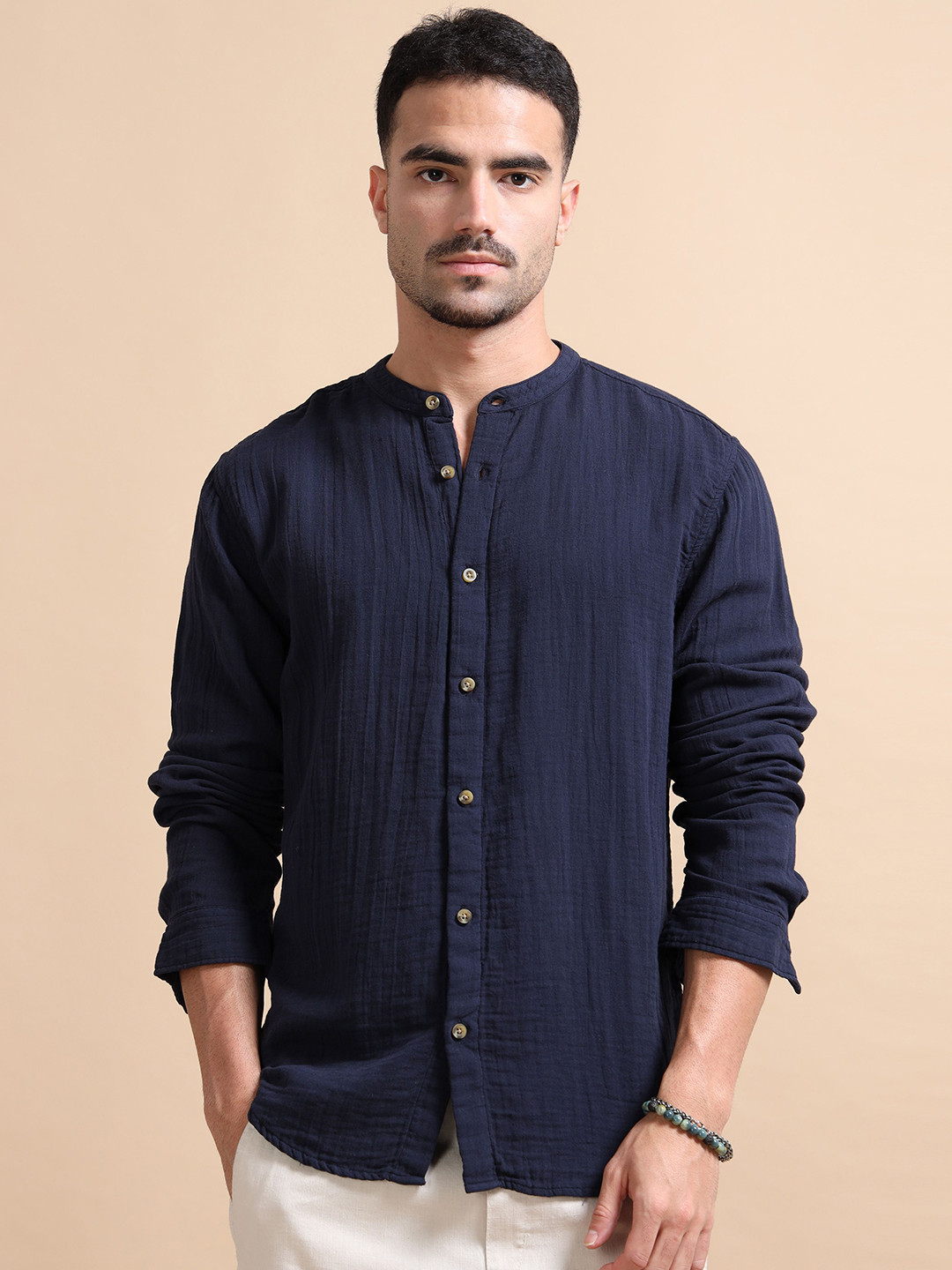 StitchX Men Long Sleeve Mandarin Collar Shirt