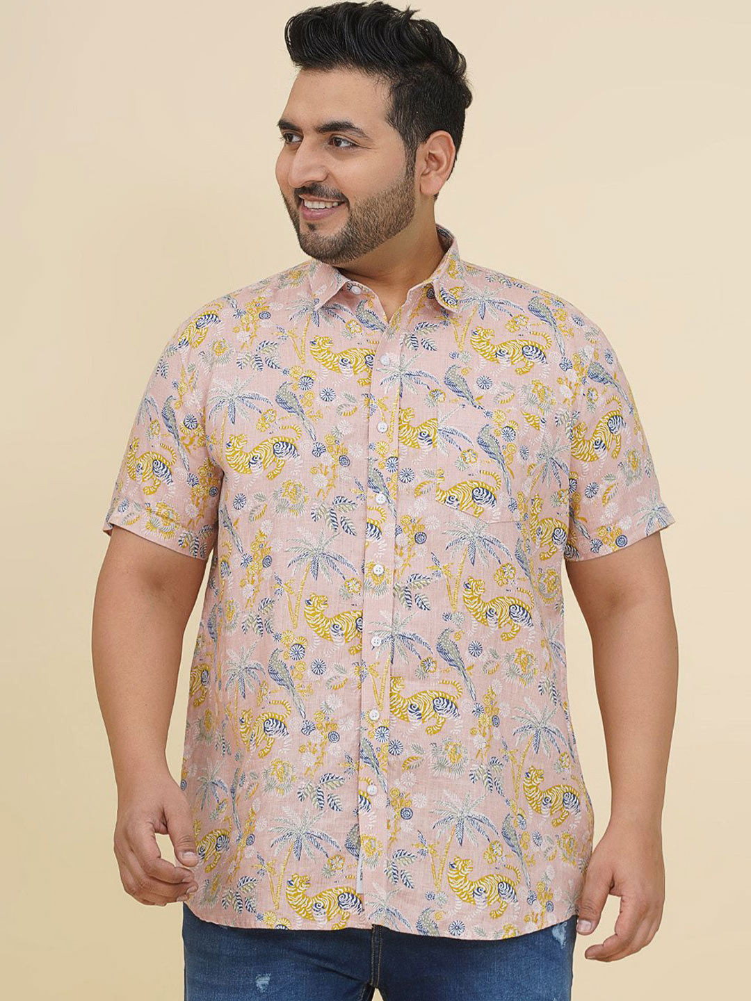 John Pride Plus Size Men Animal Printed Spread Collar Pure Linen Casual Shirt