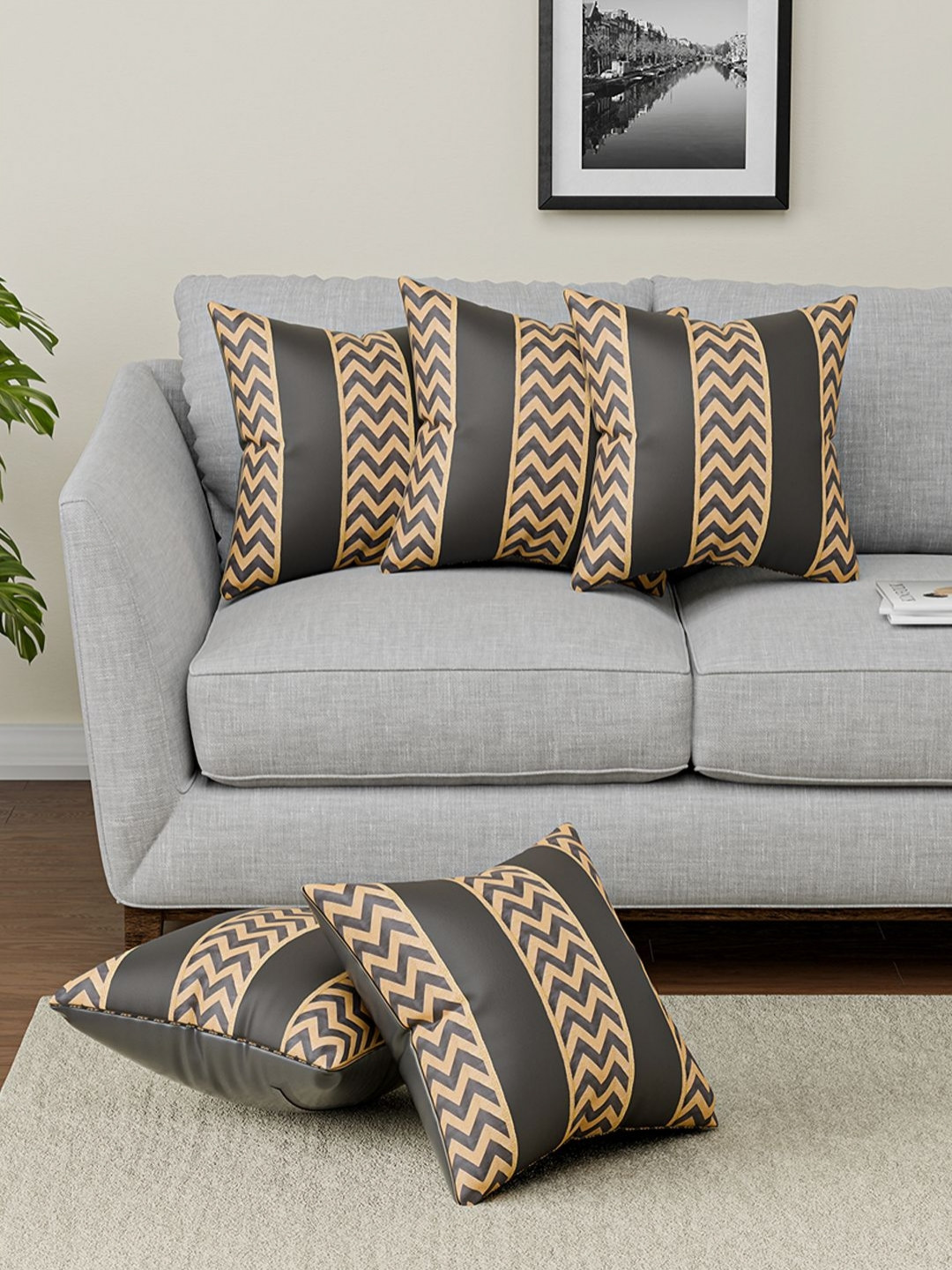 RUBOXA Grey & Beige Set of 5 Striped Square Cushion Covers