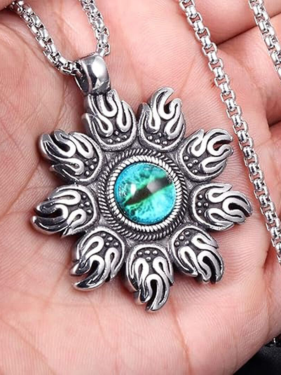 Heer Collection  Stainless Steel Artificial Stones Studded Sun Devil Eye Pendant With Chain
