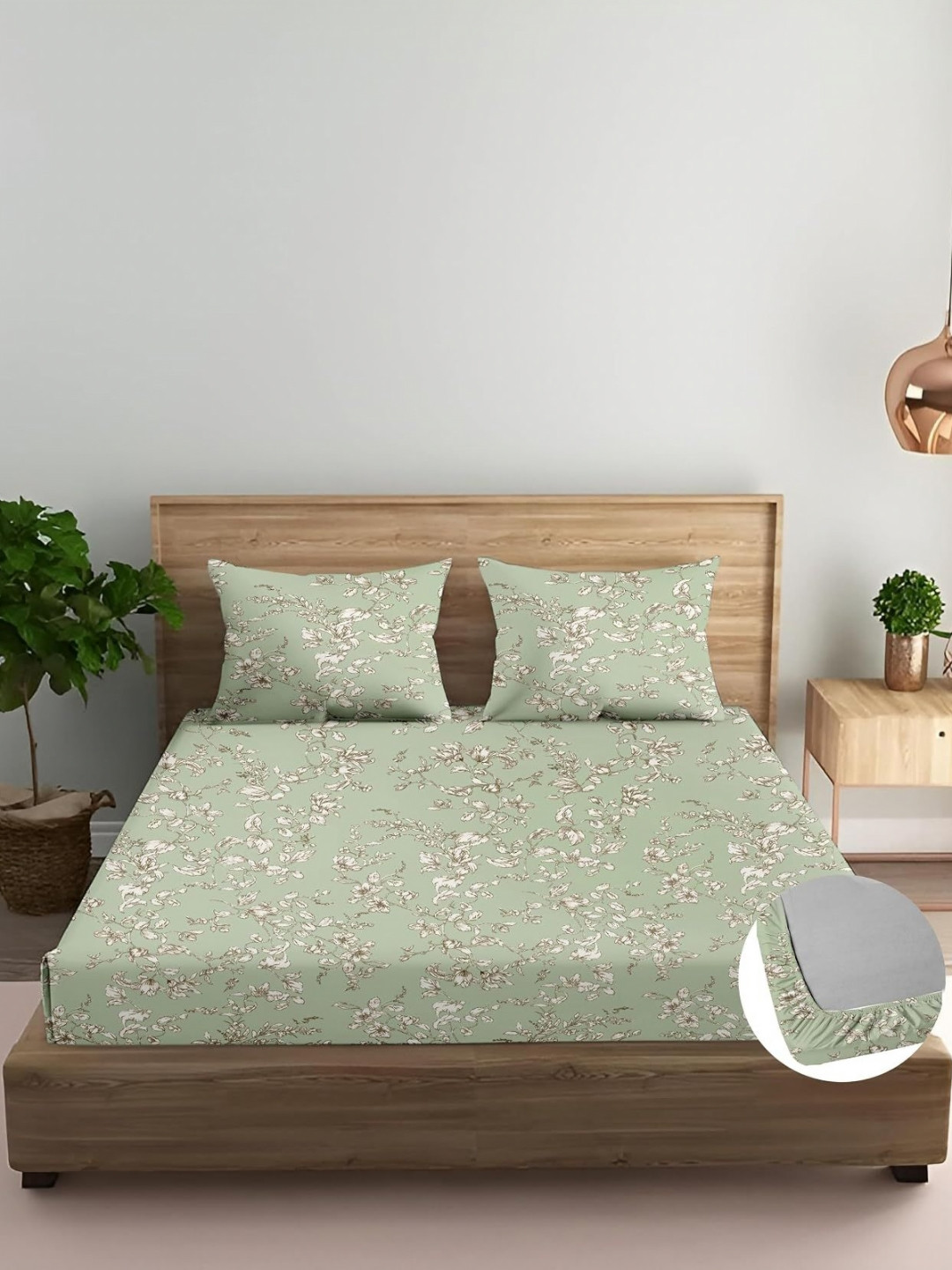 Trance Home Linen Green Printed Cotton 210 TC Fitted King Bedsheet Set-2.13m x 1.82m