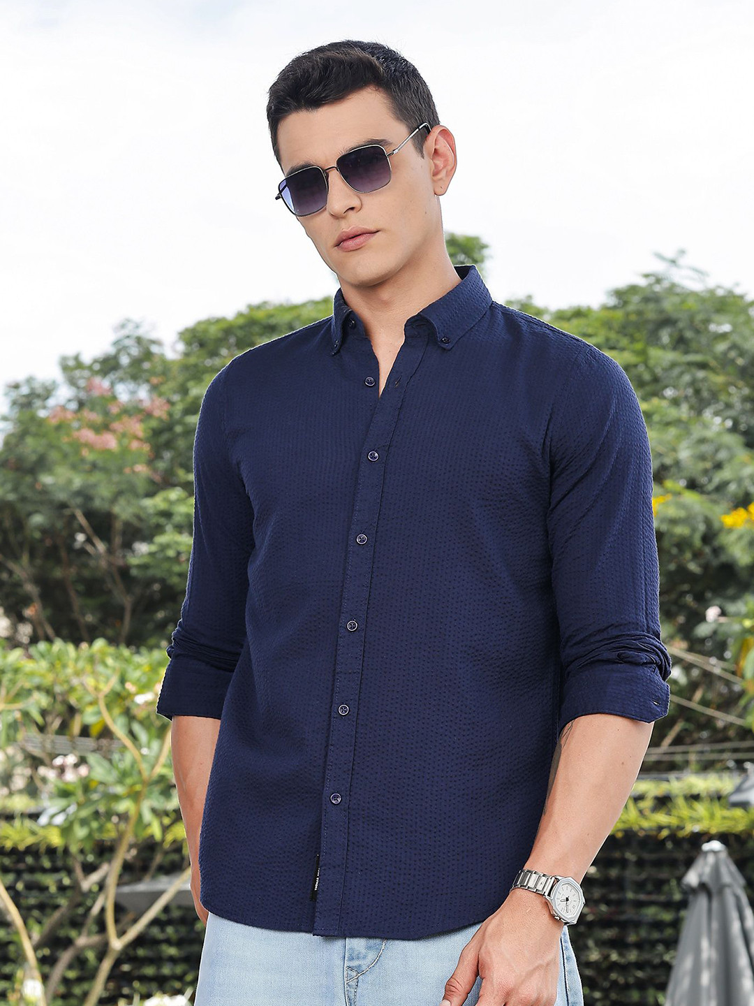 Thomas Scott Premium Seersucker Button-Down Collar Cotton Slim Fit Shirt