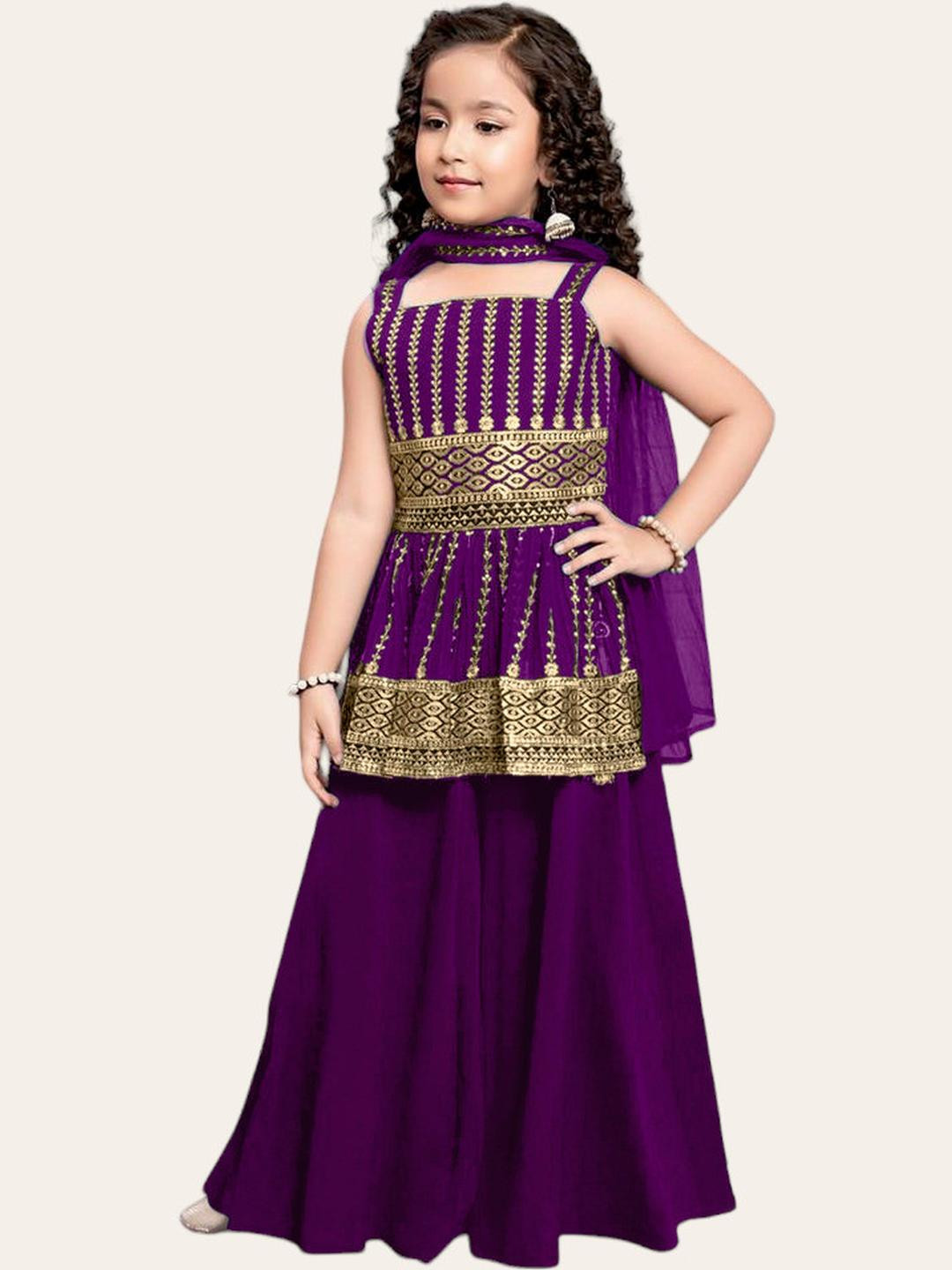MD ENTERPRISE Girls Purple and Gold Embroidered Kurti With Sharara And Dupatta
