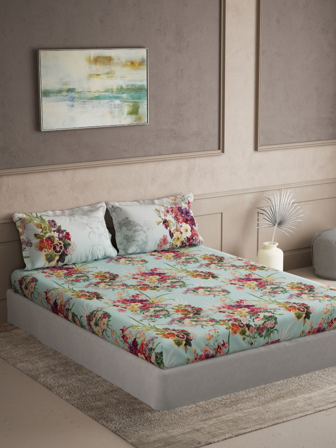 DDecor Floral Printed 144 TC King Cotton Bedsheet with 2 Pillow Covers