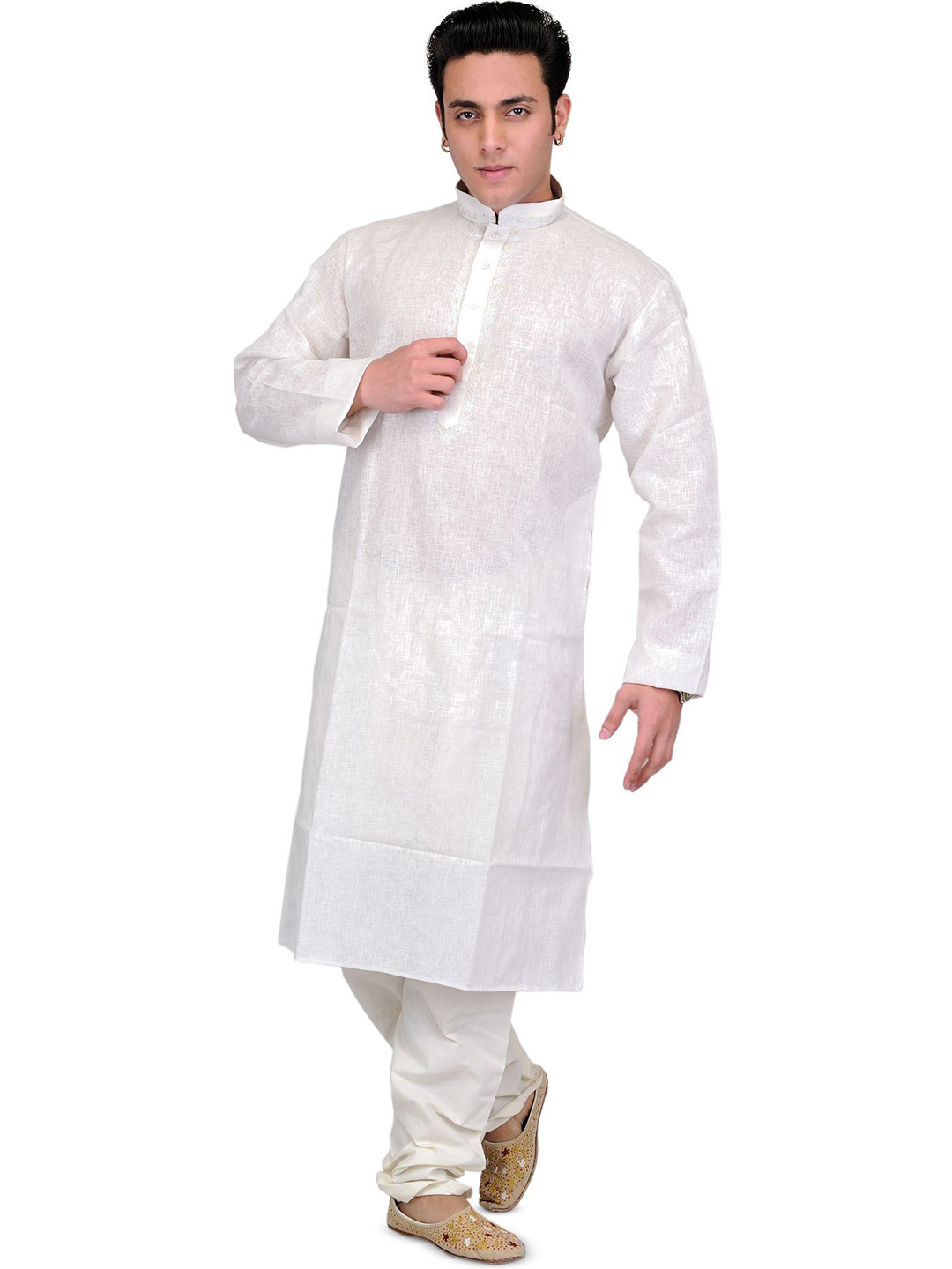 Exotic India Men Light-Gray Cotton Kurta Pajama with Embroidery on Neck